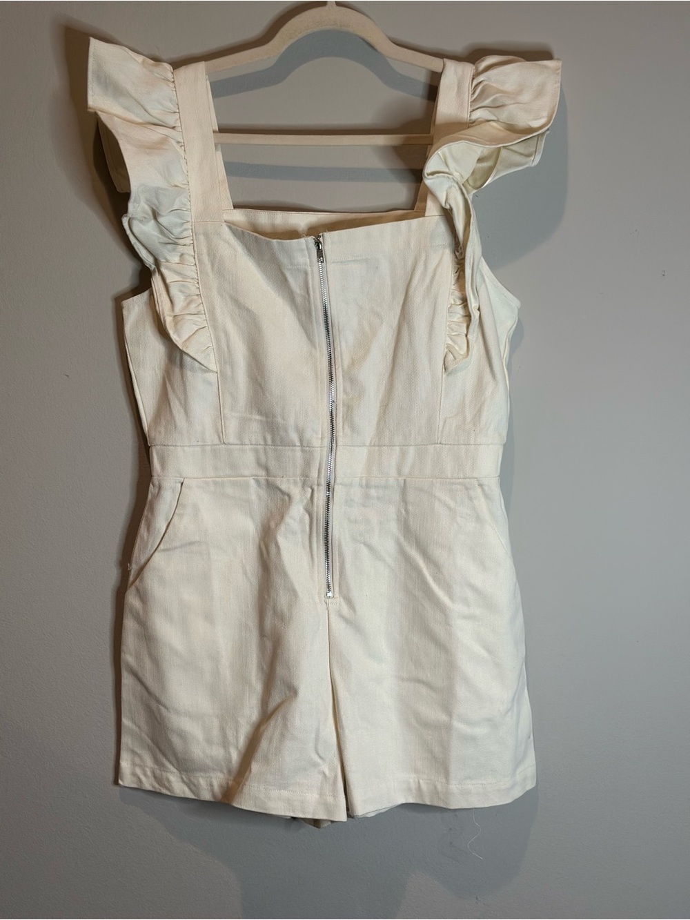 Cream Denim Ruffle Strap Romper